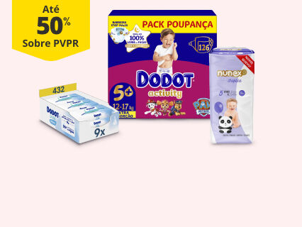 Até 50% PVPR em Fraldas e Toalhitas