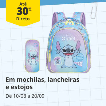 At&eacute; 30% Desconto Direto em mochilas, lancheiras e estojos. De 10/08 a 20/09
