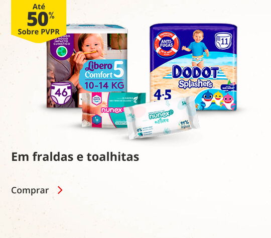 Até 50% sobre PVP Recomendado em fraldas e toalhas. Comprar. Até 50% sobre PVP Recomendado em fraldas e toalhas. Comprar.