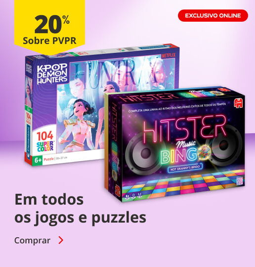 At&eacute; 20% sobre PVPR em  todos os Jogos e Puzzles