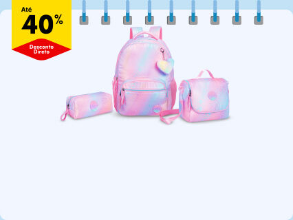 Até 40% Desconto direto em mochilas, estojos e lancheiras. De 12/08 a 21/09/2025