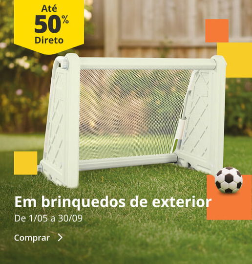 At&eacute; 50% Desconto Direto em ve&iacute;culos e brinquedos de exterior. De 1/05 a 30/09