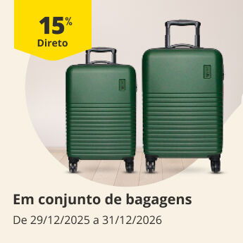 15% Desconto Direto em conjuntos de bagagens, de 29/12/2025 a 31/12/2026