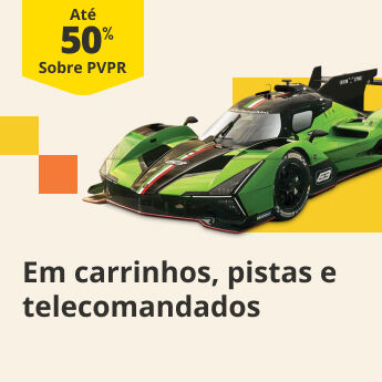 at&eacute; 50% PVPR em carrinhos, pistas e telecomandados