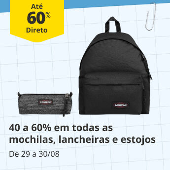 De 40 a 60% Desconto Direto em todas as mochilas, estojos e lancheiras. De 29 a 30/08