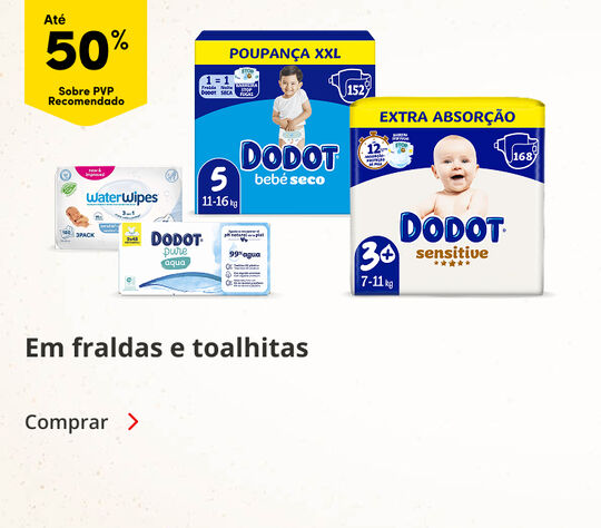 Até 50% sobre PVP Recomendado em fraldas e toalhas. Comprar.