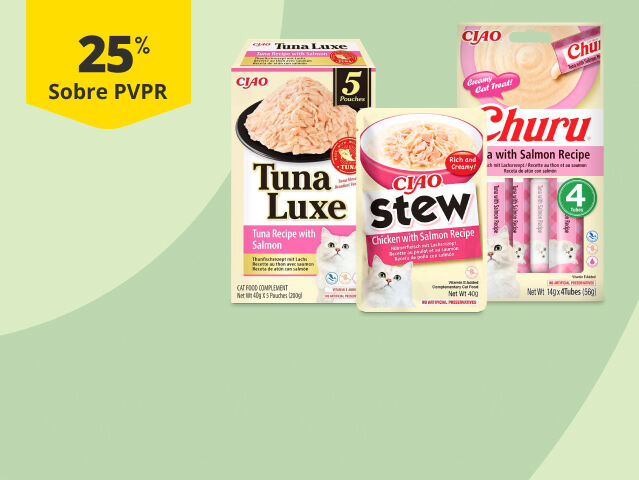 25% PVPR em h&uacute;midos e snacks Ciao e Churu