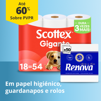 At&eacute; 60% em Papel Higi&eacute;nico, Guardanapos e Rolos