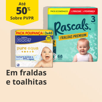 At&eacute; 50% PVPR em fraldas e toalhitas