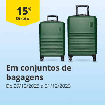 15% Desconto Direto em conjuntos de bagagens. De 29/12/2025 a 31/12/2026