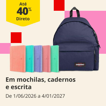 At&eacute; 40% Desconto Direto em mochilas, cadernos e escrita. De 01/06/2026 a 04/01/2027