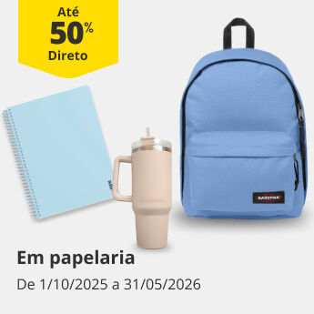 At&eacute; 50% Desconto Direto em papelaria. De 1/10/2025 a 31/05/2026
