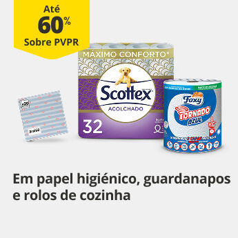 At&eacute; 60% PVPR em Papel higi&eacute;nico, guardanapos e rolos