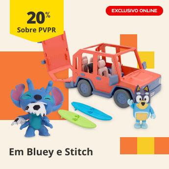 20% PVPR em Bluey e Stitch. Exclusivo online