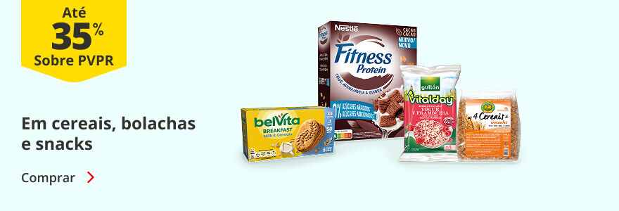 Até 35% sobre o pvpr em cereais, bolachas e snacks. Comprar Até 35% sobre o pvpr em cereais, bolachas e snacks. Comprar