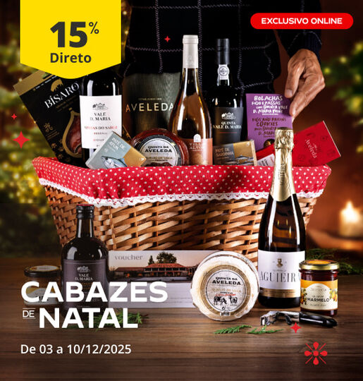 15% desconto direto em Cabazes de Natal. De 03 a 10/12/2025