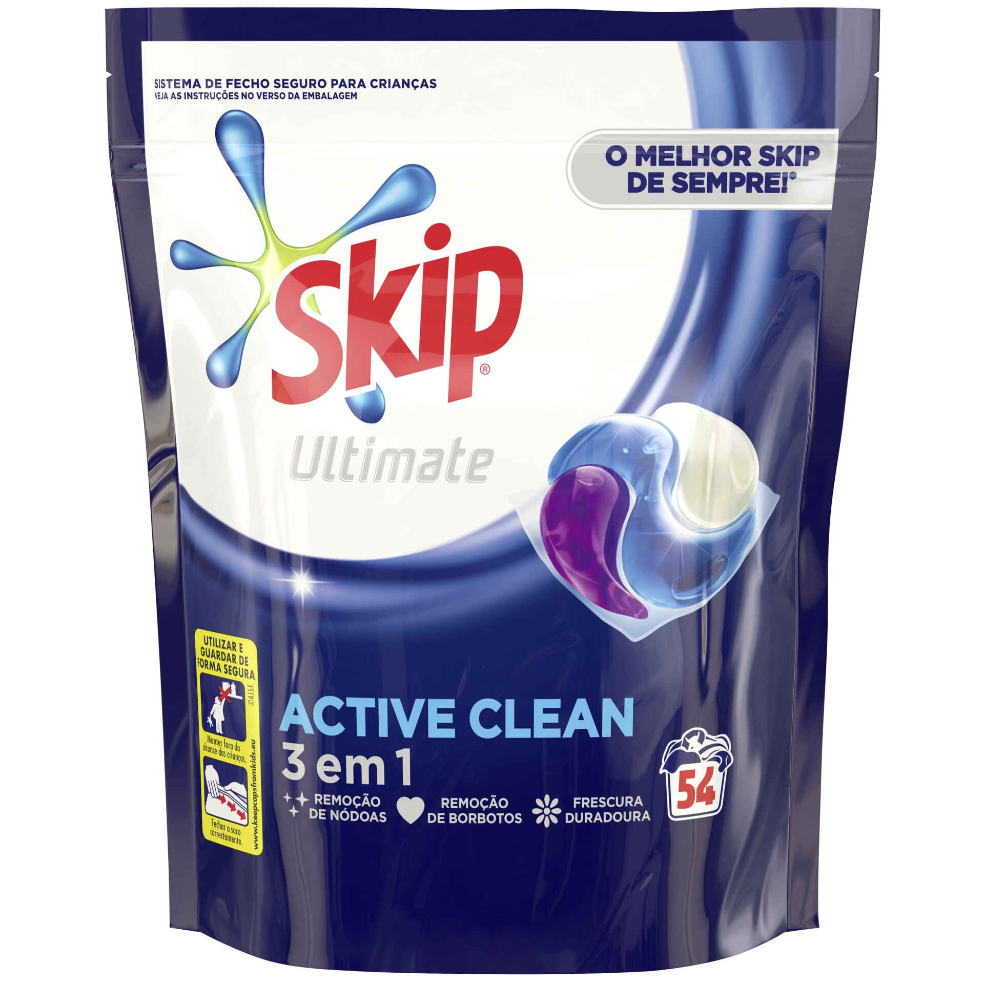 Detergente Máquina Roupa Cápsulas 3 em 1 Ultimate Active Clean Skip