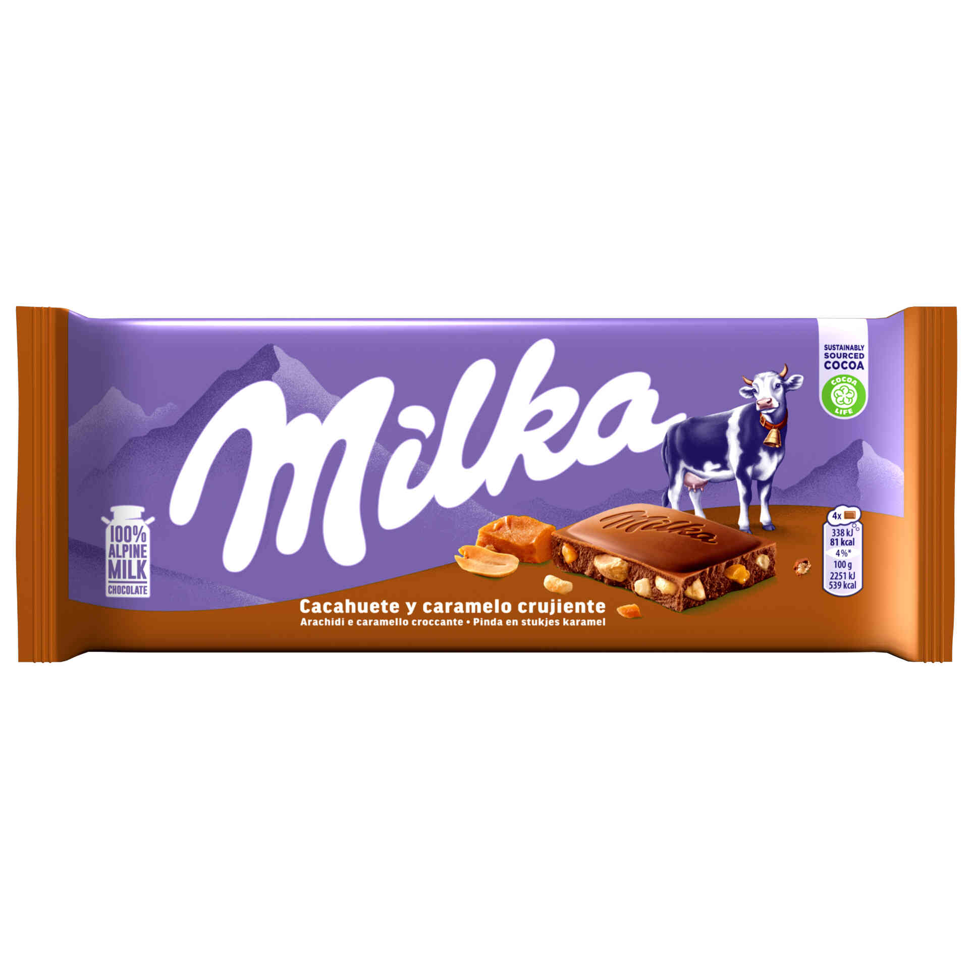 Tablete de Chocolate com Amendoim e Caramelo Crocante emb. 90 gr Milka Continente