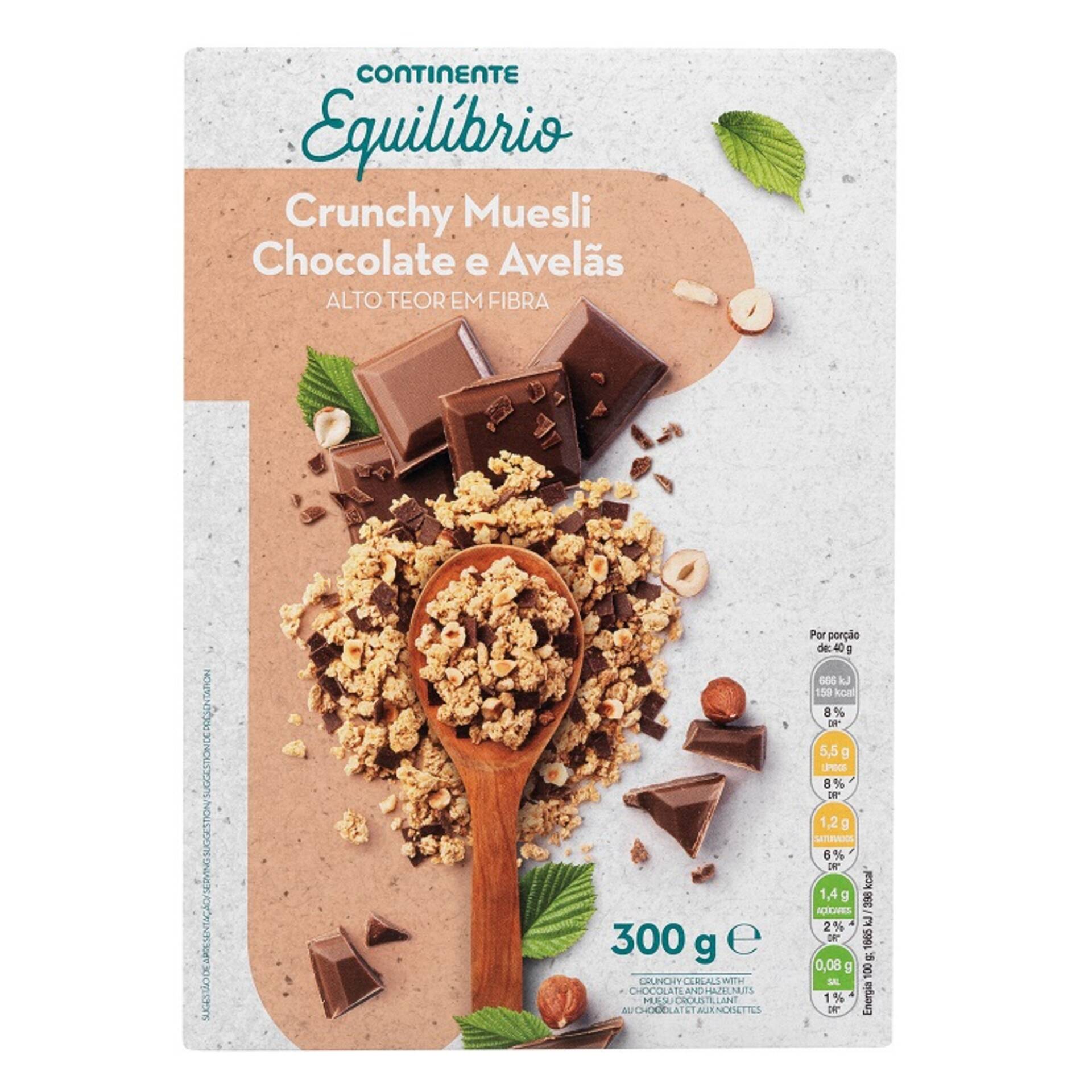 Muesli Crunchy Chocolate e Avelãs com Stevia Continente Equilíbrio