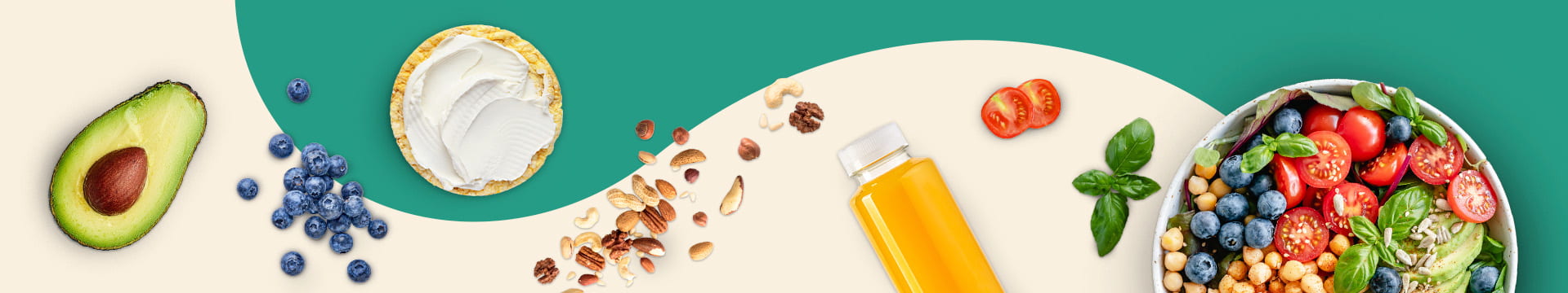Composição de uma variedade de produtos de frescos, mercearia, laticínios e bebidas saudáveis